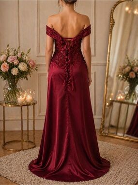 Off-Shoulder Wine Red Satin & Lace Maxi Gown